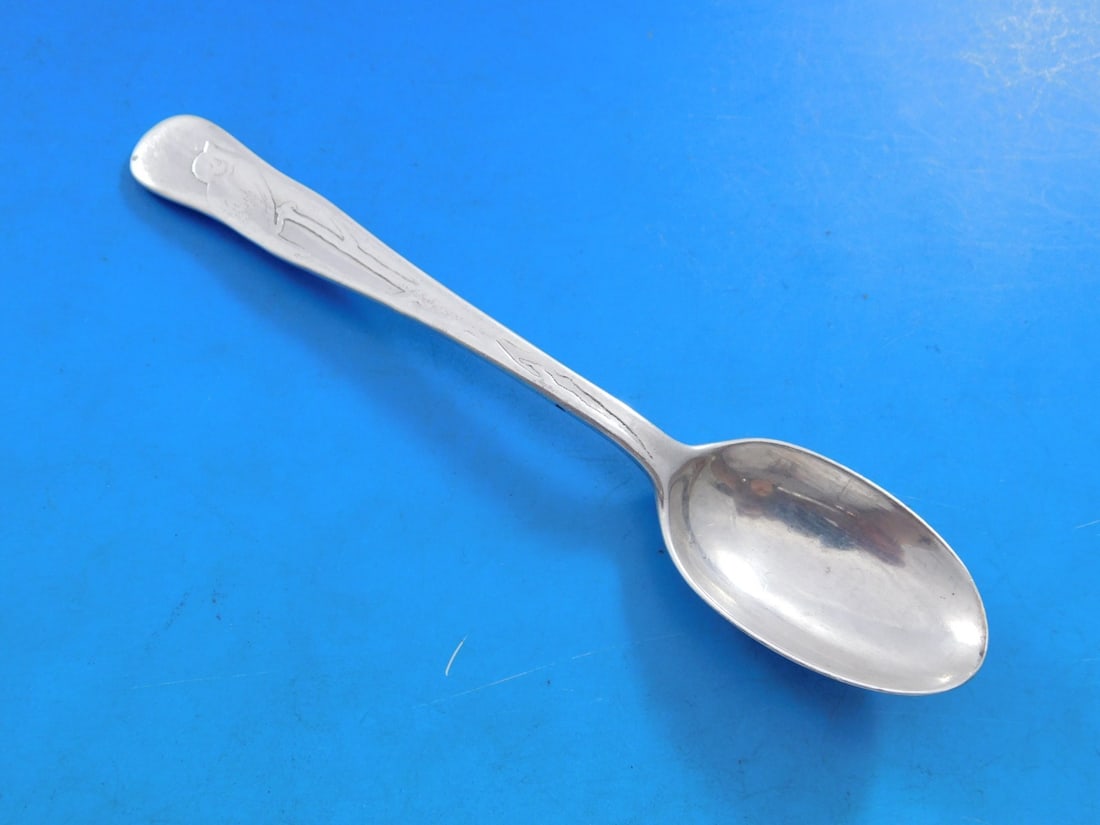 Lap Over Edge Acid Etched Sterling Silver Coffee Spoon by Tiffany with Bird 4 3/4": Lap Over Edge Acid Etched Sterling Silver Coffee Spoon by Tiffany with Bird 4 3/4" This is a Tiffany & Co. Lap Over Edge Acid Etched coffee spoon crafted from sterling silver. The spoon features an et