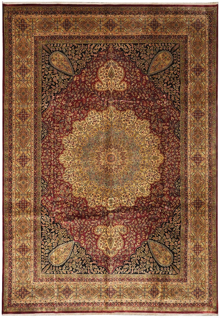 Tabriz Haji 10 x 14 Handmade Indian Area Rug Fine Wool Burgundy Gold: Tabriz Haji 10 x 14 Handmade Indian Area Rug Fine Wool Burgundy Gold Free continental US Shipping This hand-knotted Indian area rug features the Tabriz-Haji pattern and is crafted from fine wool with 