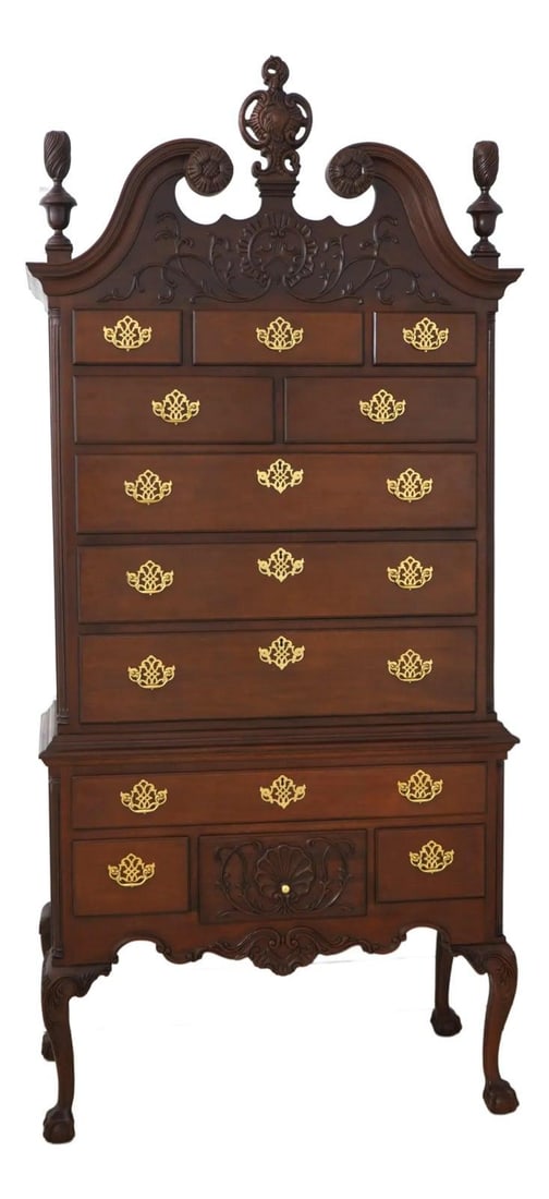 Councill Craftsmen Mahogany Highboy with Ball & Claw Feet: Councill Craftsmen Mahogany Highboy with Ball & Claw Feet This stunning Councill Craftsmen Ball & Claw Mahogany Highboy showcases a classic design inspired by the 18th century Chippendale style. Craft