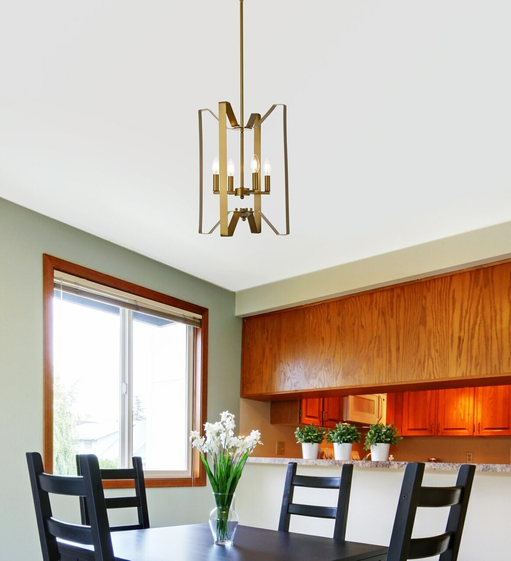 Living District Hoffman 4-Light Brass Pendant Fixture: Living District Hoffman 4-Light Brass Pendant Fixture This mid-century modern chandelier features a brass finish and a rectangular shade design, ideal for dining rooms, bedrooms, kitchens, foyers, and