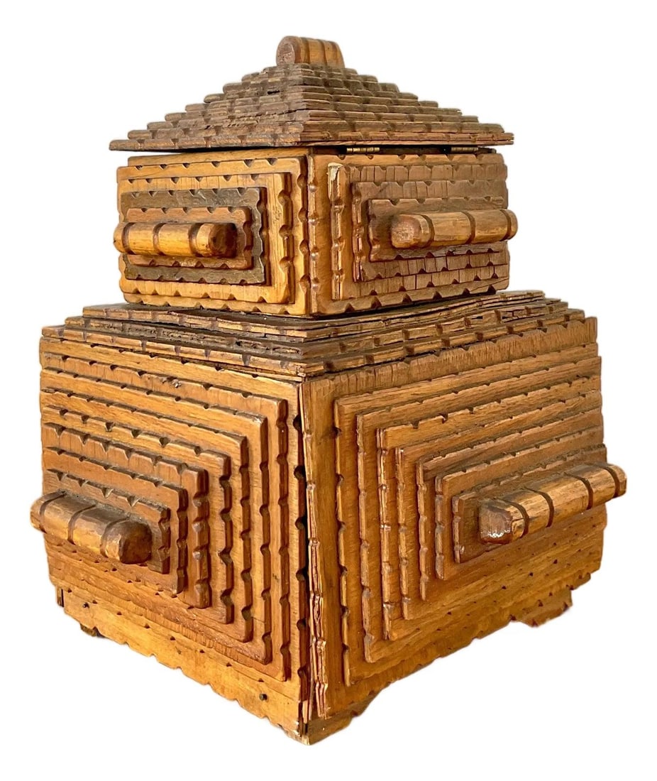 Hand Carved Wood Tramp Art Tiered Box with Drawer (1 of 10)