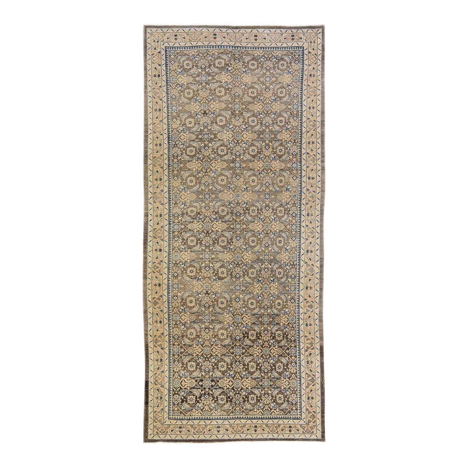 Vintage Persian Hand-Knotted Wool Rug 6'9 x 11 Geometric Design: Vintage Persian Hand-Knotted Wool Rug 6'9 x 11 Geometric Design This exquisite vintage Persian rug is hand-knotted from high-quality wool, featuring a rich brown field complemented by a beige frame an