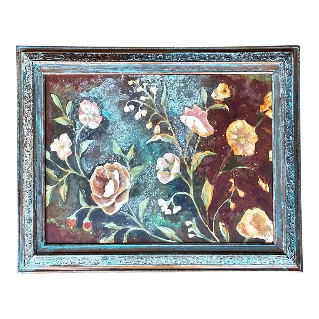 Framed Floral Oil Painting on Board with Verdigris Patina 29.75 x 24: Framed Floral Oil Painting on Board with Verdigris Patina 29.75 x 24 This vintage botanical oil painting on board showcases a romantic study of delicate trailing florals, likely including roses and be