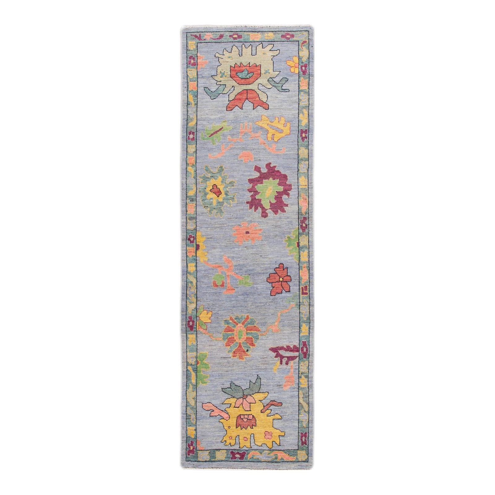 Modern Oushak Handmade Wool Runner Lavender Floral Design 2'11 x 10'3: Modern Oushak Handmade Wool Runner Lavender Floral Design 2'11 x 10'3 Enhance your space with this exquisite Modern Oushak Handmade Wool Runner. Featuring a stunning lavender field adorned with a vibr