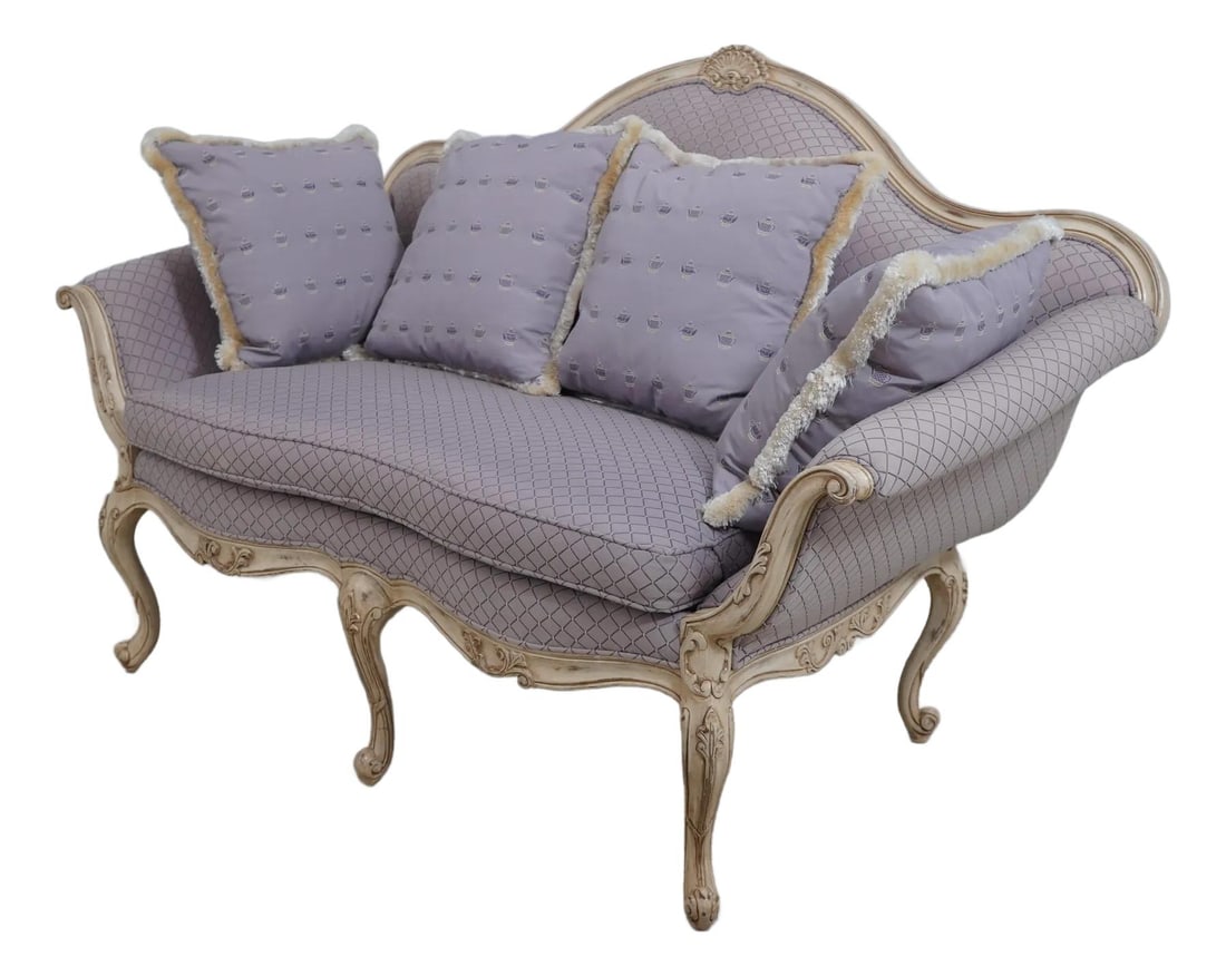 Southwood French Louis XIV Style Purple Loveseat with Antique White Finish: Southwood French Louis XIV Style Purple Loveseat with Antique White Finish Experience timeless elegance with this Southwood French Louis XIV Style Loveseat. Crafted with quality construction and featu