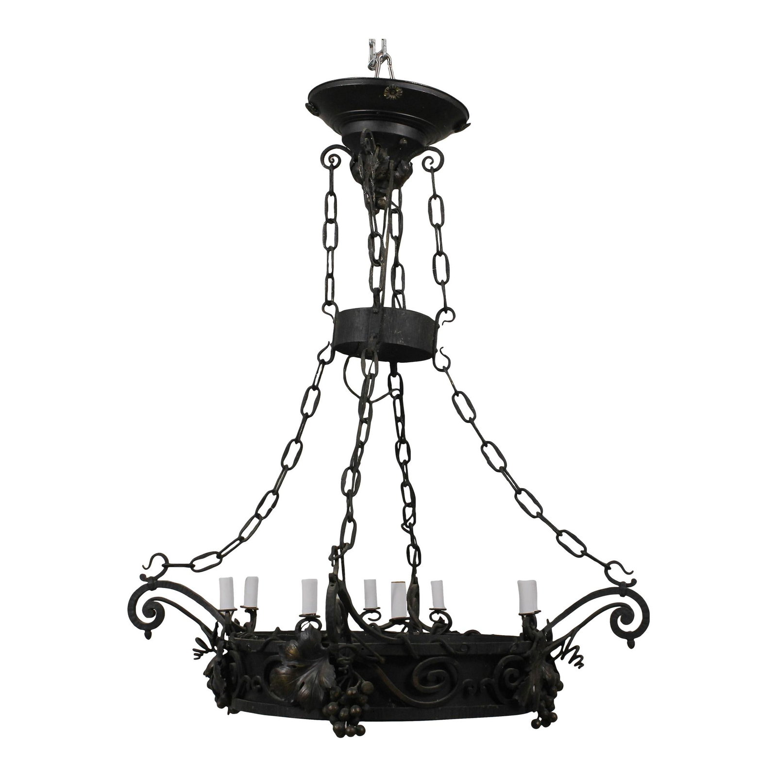 1930s Vintage Wrought Iron Chandelier Light Fixture Black 32x32x39: 1930s Vintage Wrought Iron Chandelier Light Fixture Black 32x32x39 Illuminate your space with this stunning vintage hand-crafted wrought iron chandelier, dating back to the 1930s. This exquisite light