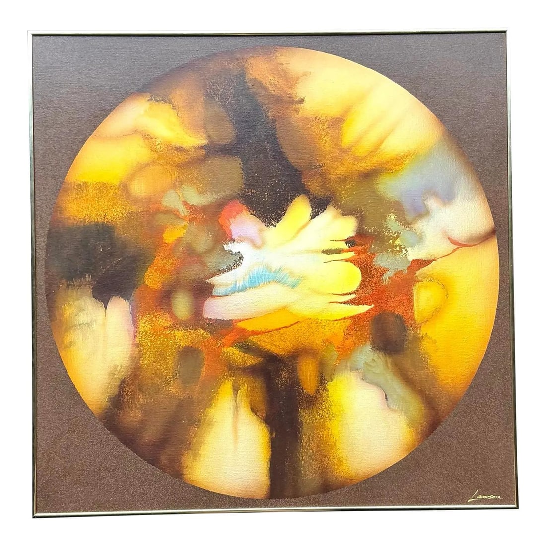 1970s Large Abstract Oil on Canvas in Gold Frame Boho Retro Art: 1970s Large Abstract Oil on Canvas in Gold Frame Boho Retro Art This vintage abstract oil painting from the 1970s features a captivating circular composition set against a textured brown background, c
