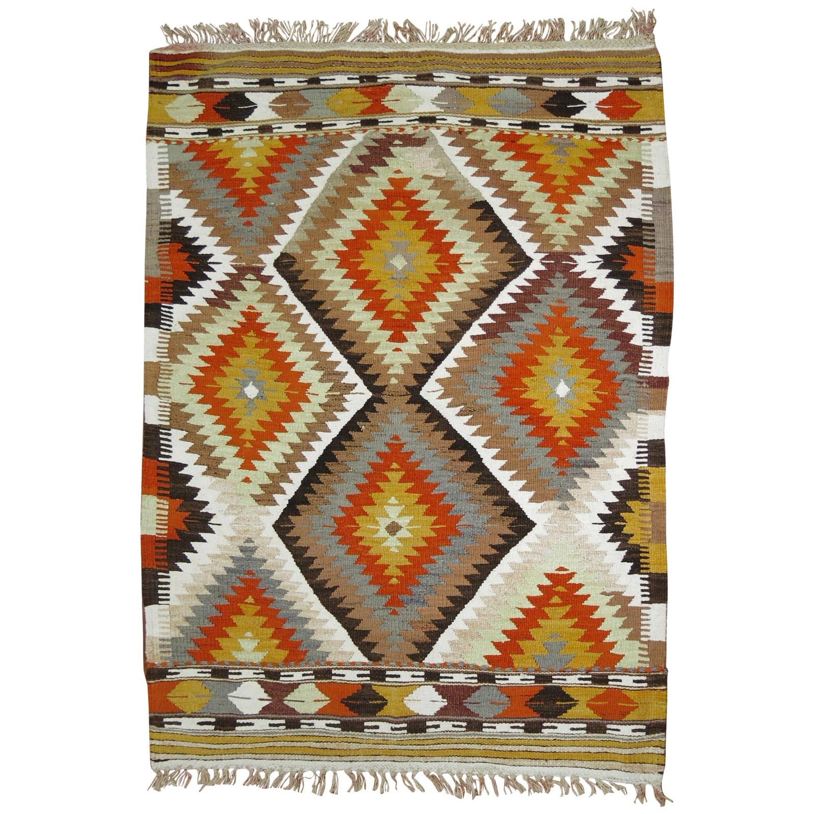 Mid-20th Century Turkish Wool Kilim Rug 39 x 61 Inch Handmade: Mid-20th Century Turkish Wool Kilim Rug 39 x 61 Inch Handmade This handmade Turkish Kilim flat-weave throw rug from the mid-20th century features geometric patterns with accents in light green, burnt 