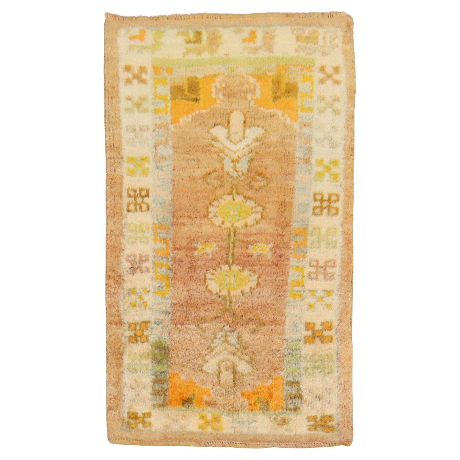 Vintage Turkish Oushak Hand-Knotted Throw Rug 28 x 46: Vintage Turkish Oushak Hand-Knotted Throw Rug 28 x 46 This exquisite vintage Turkish Oushak small throw rug showcases a delightful blend of warm, cheerful colors, perfect for enhancing any country-sty