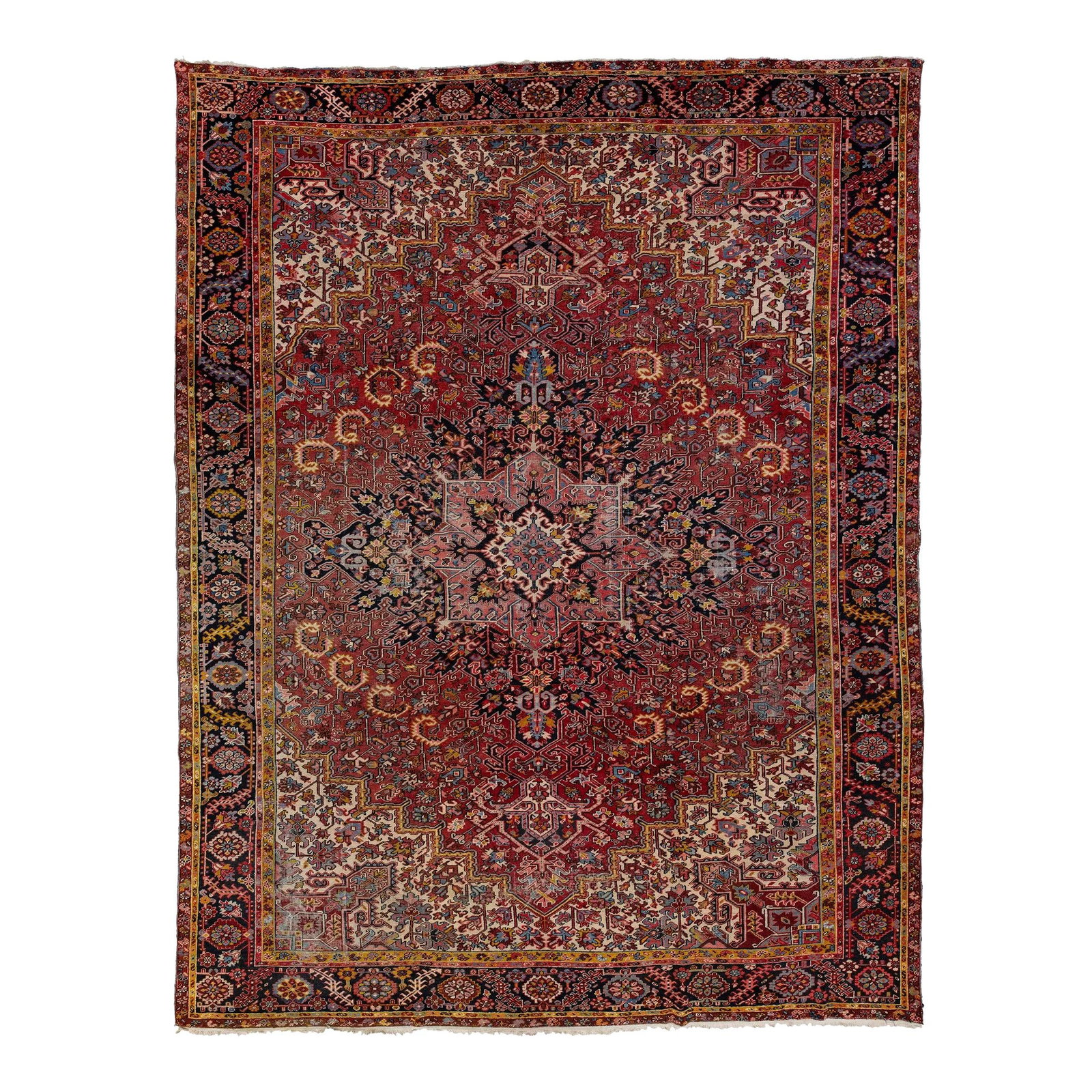 Antique Persian Heriz Wool Rug Red Tribal Pattern 11'2 x 14'6: Antique Persian Heriz Wool Rug Red Tribal Pattern 11'2 x 14'6 This stunning antique Persian Heriz rug is expertly crafted from hand-knotted wool, presenting a striking red field adorned with an intric