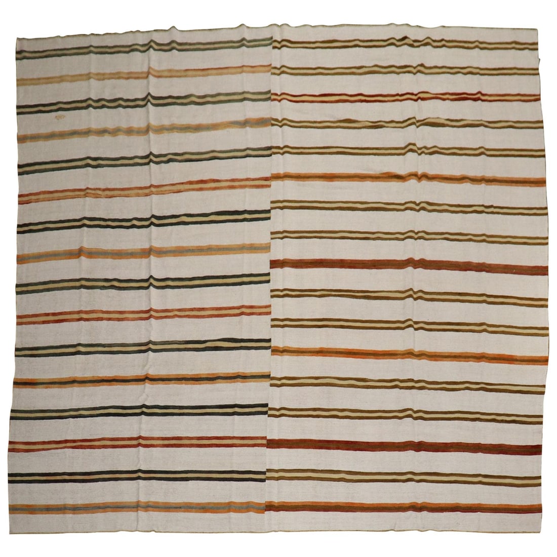 Rustic Oversize Turkish Kilim Wool Rug 12'6" x 13': Rustic Oversize Turkish Kilim Wool Rug 12'6" x 13' This stunning oversized square Turkish kilim features a rustic stripe pattern against an elegant ivory background, making it a perfect addition to an
