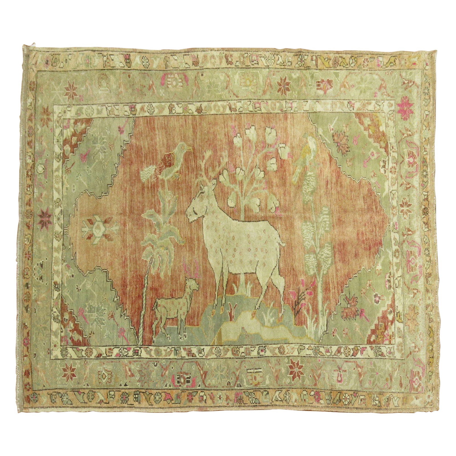 Unique Hand-Woven Turkish Folk Art Rug with Deer Design 54 x 63: Unique Hand-Woven Turkish Folk Art Rug with Deer Design 54 x 63 Discover the charm of this one-of-a-kind hand-knotted Turkish Anatolian rug from the Zabihi Collection. This stunning piece features a p