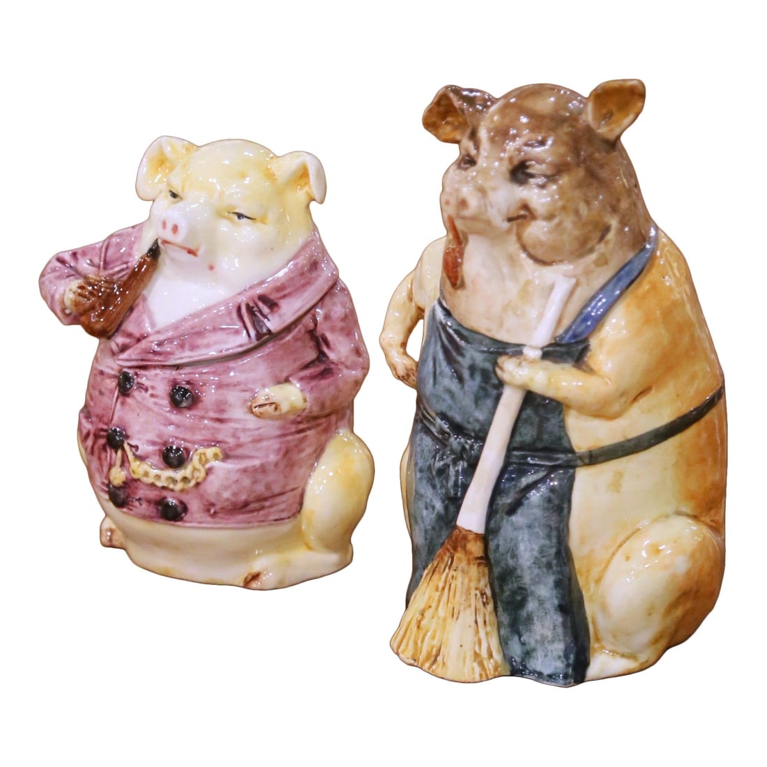 Pair of French Faience Pig Tobacco Jars in Onnaing Style Circa 1880 Set of 2: Pair of French Faience Pig Tobacco Jars in Onnaing Style Circa 1880 Set of 2 This set of two late 19th-century French figural barbotine faience tobacco jars features whimsical pig figures crafted in t