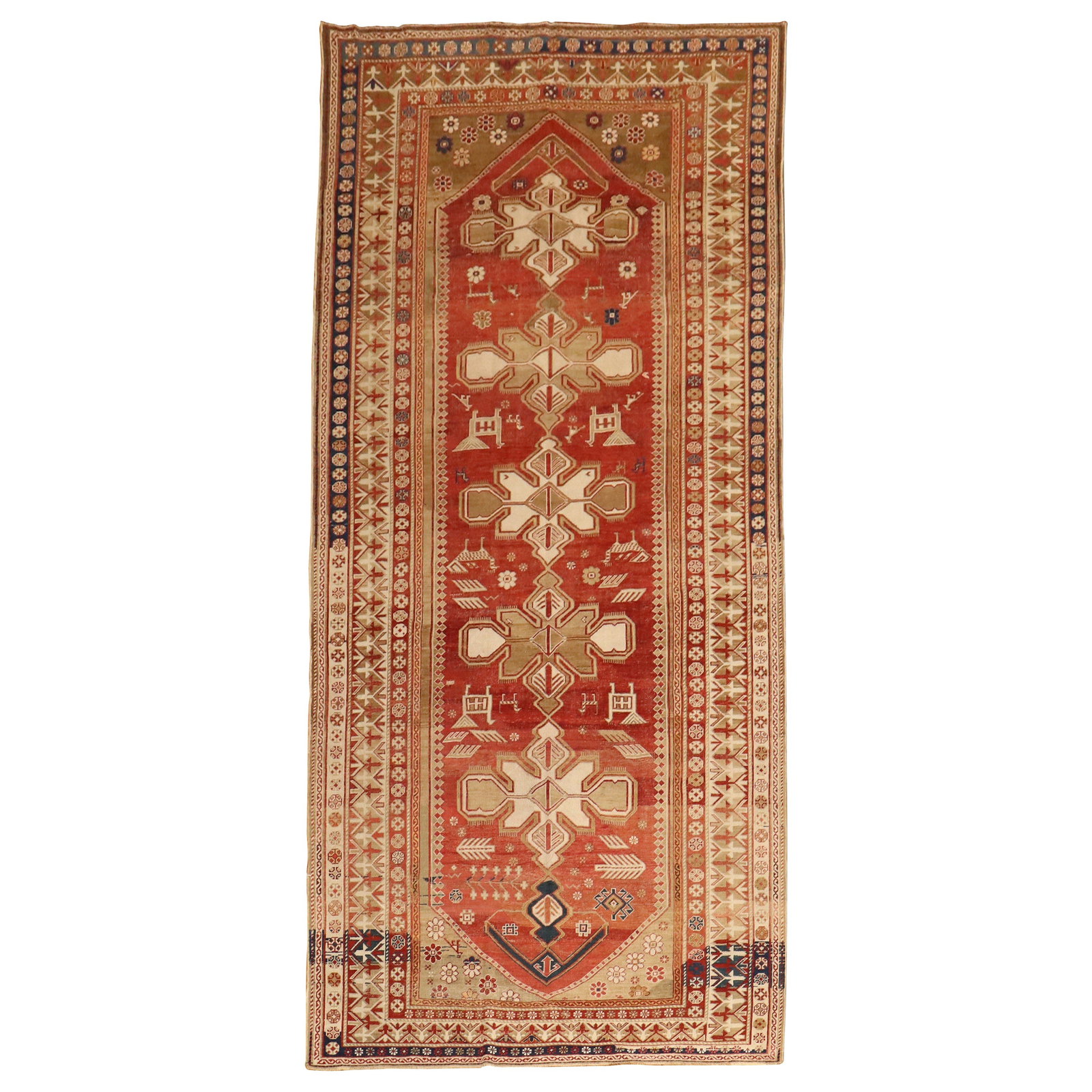 Antique Caucasian Shirvan Kazak Rug Red Wool Hand-Woven 4'10 x 10'9: Antique Caucasian Shirvan Kazak Rug Red Wool Hand-Woven 4'10 x 10'9 This exquisite Red Antique Caucasian Shirvan Rug showcases a geometric tribal design, expertly hand-woven from high-quality wool. Or