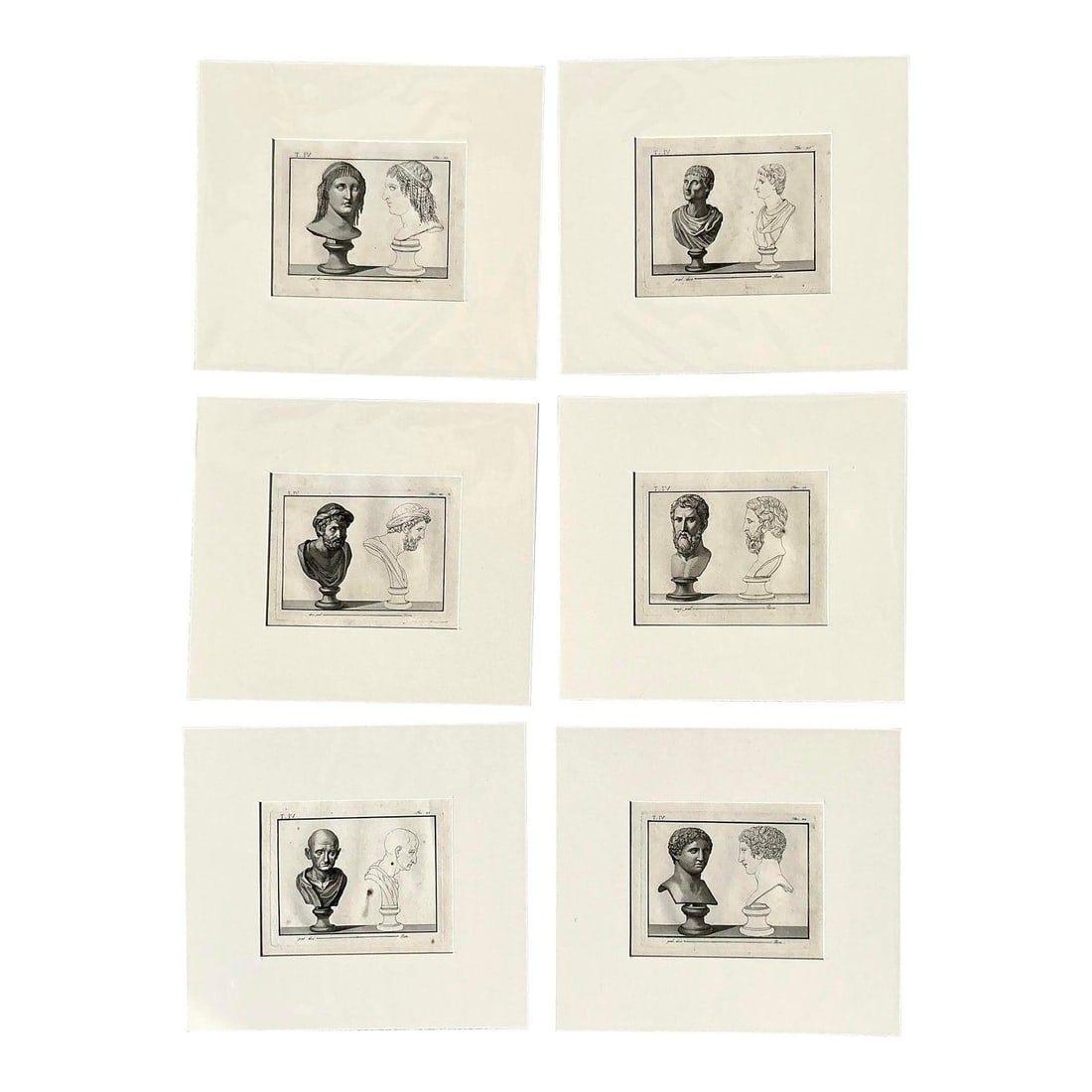 Set of 6 Neoclassical Bust Prints with White Mats Vintage: Set of 6 Neoclassical Bust Prints with White Mats Vintage This set includes six vintage prints, each depicting a pair of distinguished busts in the Neoclassical style, highlighting philosophers, state