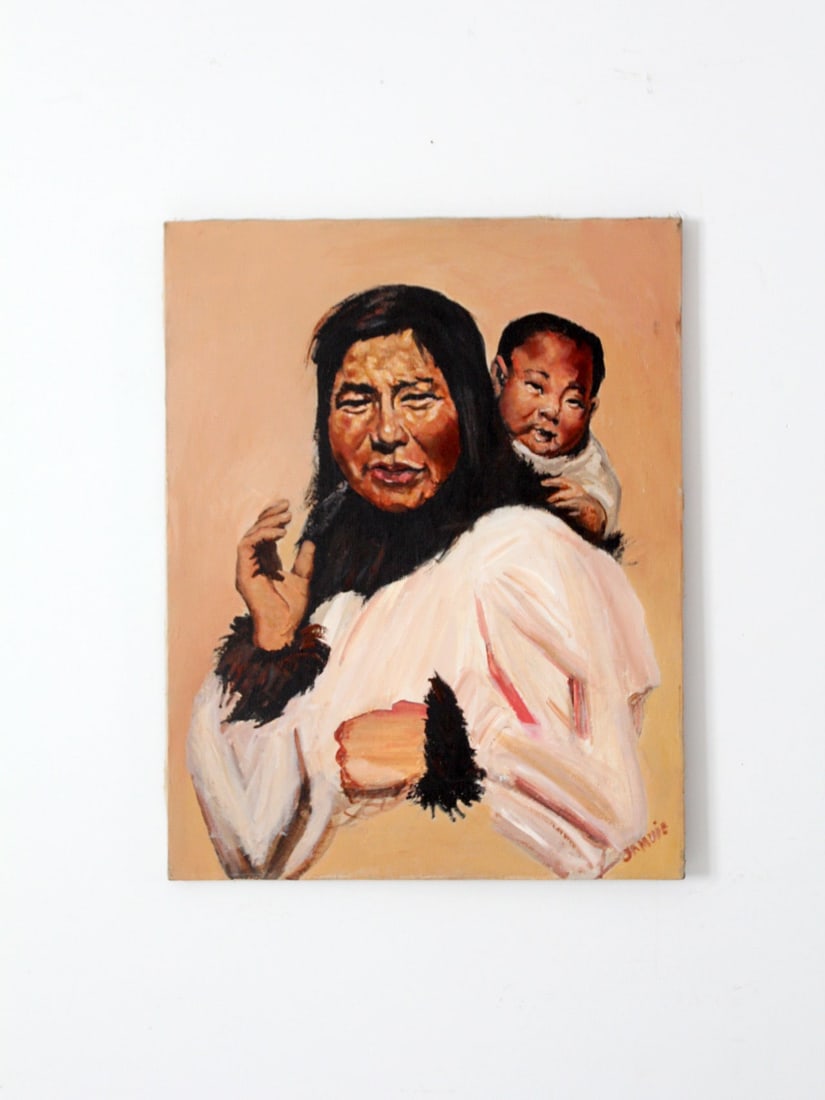 Vintage Oil Painting Inuit Mother with Baby 28x22 Signed: Vintage Oil Painting Inuit Mother with Baby 28x22 Signed This vintage oil painting on canvas features a captivating portrait of an Inuit mother holding her baby, rendered with beautiful tones that evo