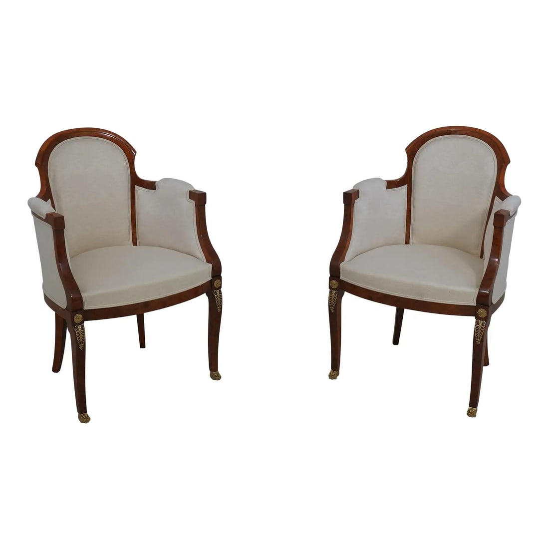 Elegant Pair of French Empire Style Occasional Chairs with Brass Ormolu: Elegant Pair of French Empire Style Occasional Chairs with Brass Ormolu This exquisite pair of French Empire style occasional chairs showcases a classic design, characterized by their elegant burl wal