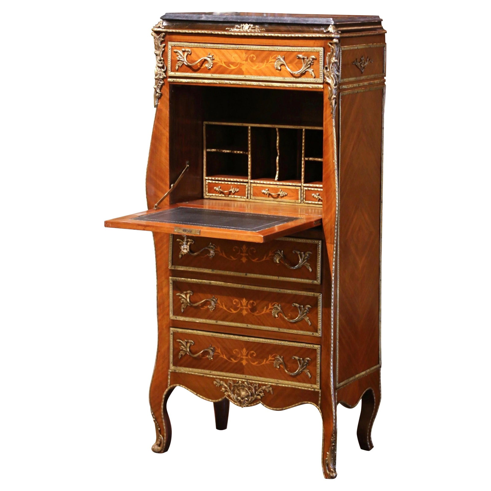 French Louis XV Style Marquetry Secretary Desk with Marble Top circa 1920 (1 of 13)