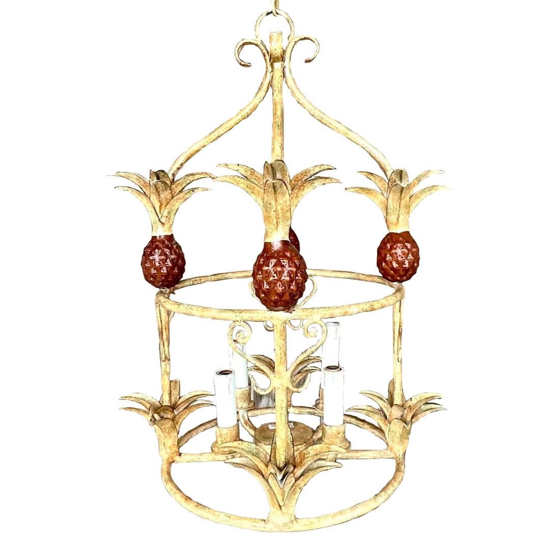 Coastal Vintage Painted Metal Pineapple Chandelier 28" Ecru: Coastal Vintage Painted Metal Pineapple Chandelier 28" Ecru Illuminate your space with this stunning vintage Coastal painted metal pineapple chandelier. This exquisite fixture features a beautiful pat