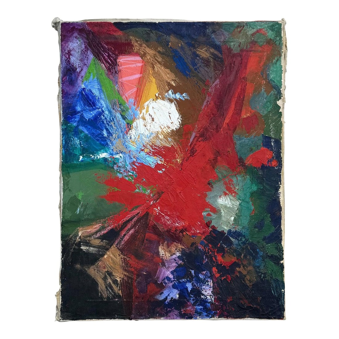Expressive Abstract Oil Painting on Canvas with Bold Red and Blue-Green Layers: Expressive Abstract Oil Painting on Canvas with Bold Red and Blue-Green Layers This vintage boho abstract oil painting features a dynamic interplay of layered colors, with blue-green tones forming the