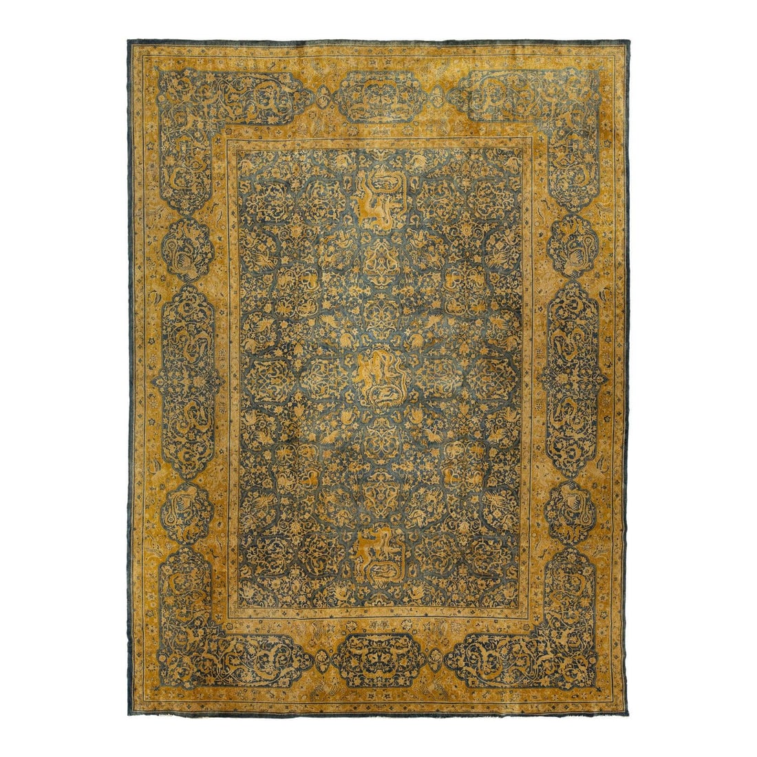 Antique Persian Larestan Wool Rug 10'10 x 14'9 Blue Floral Design: Antique Persian Larestan Wool Rug 10'10 x 14'9 Blue Floral Design This beautiful antique Persian Larestan rug is hand-knotted from high-quality wool, showcasing exceptional craftsmanship. The striking