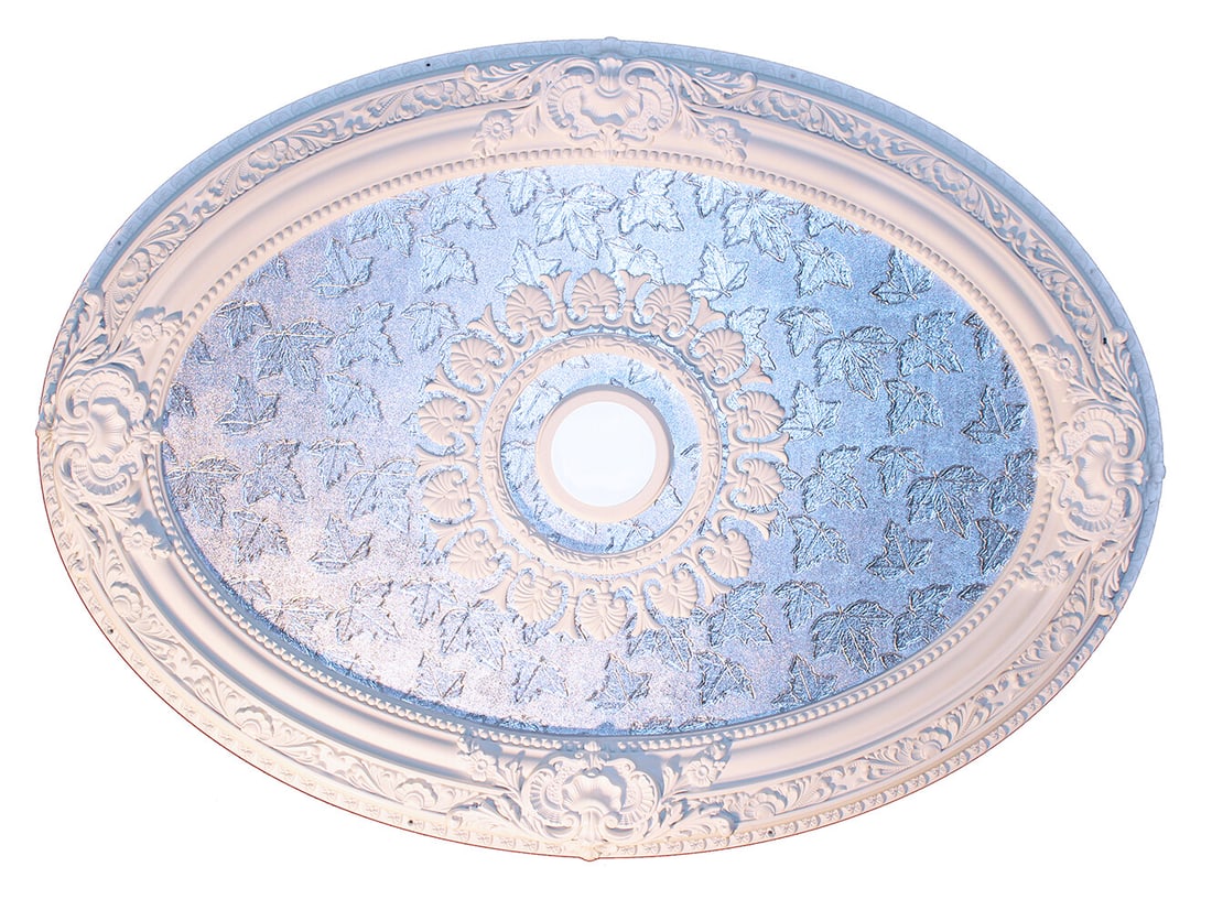 Artistry oval ceiling medallion silver leaf 43 inch: Artistry oval ceiling medallion silver leaf 43 inch This oval ceiling medallion features a French floral design with gracefully flowing leaves and beaded borders, making it an elegant accent for a cha