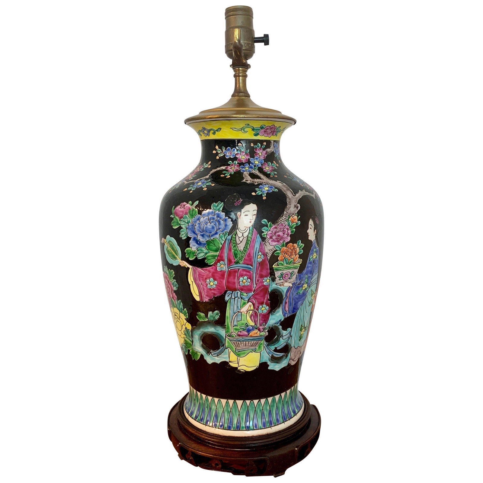 Japanese Porcelain Vase 21in Famille Verte Design Circa 1930: Japanese Porcelain Vase 21in Famille Verte Design Circa 1930 This exquisite Japanese vase features a striking black background and is designed in the style of Chinese Famille Verte. The vase stands at