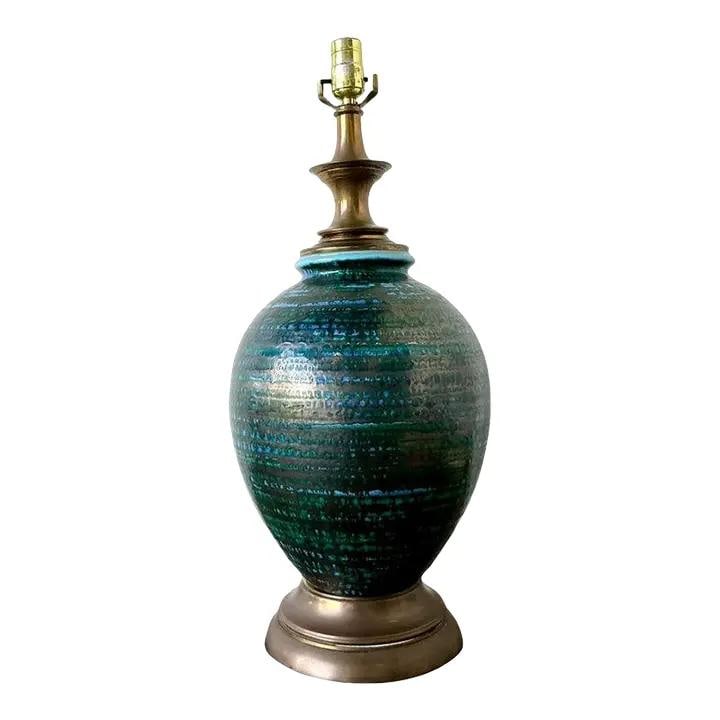 Mid-Century Modern Blue Ceramic Table Lamp With Brass Neck (1 of 10)
