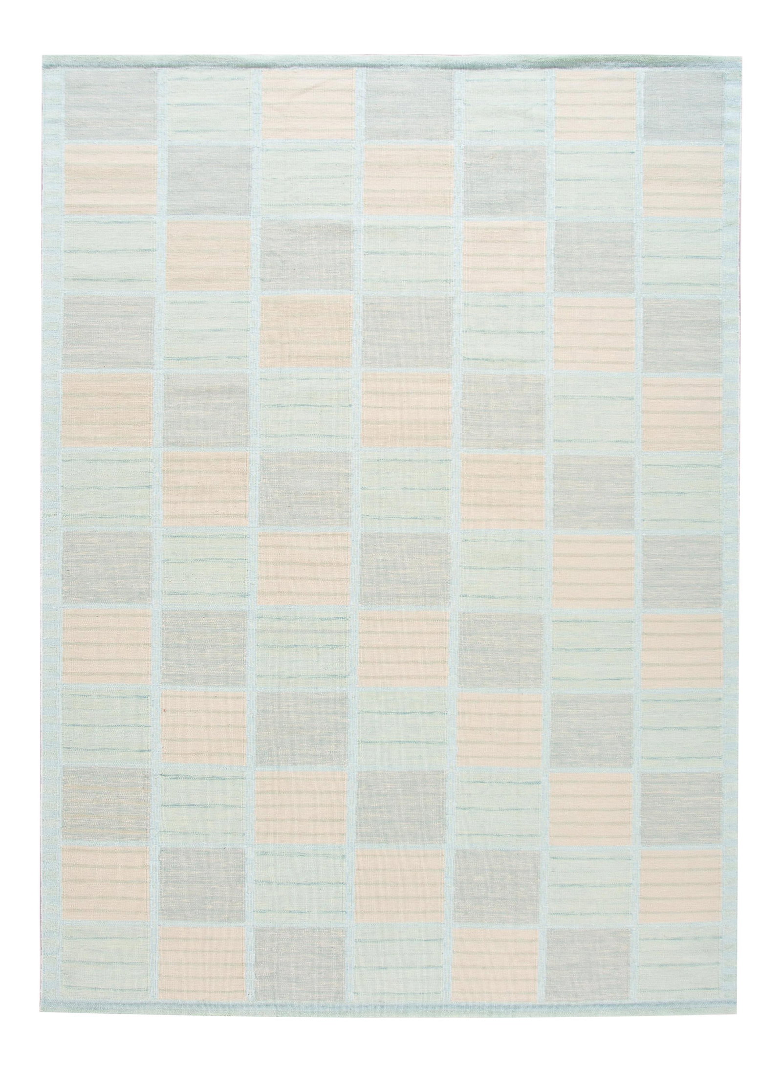 Pastel Geometric Wool Swedish Style Rug 10'1 x 14'1: Pastel Geometric Wool Swedish Style Rug 10'1 x 14'1 Enhance your living space with this stunning 21st-century Swedish style rug, featuring a captivating geometric design set against a soft pastel back