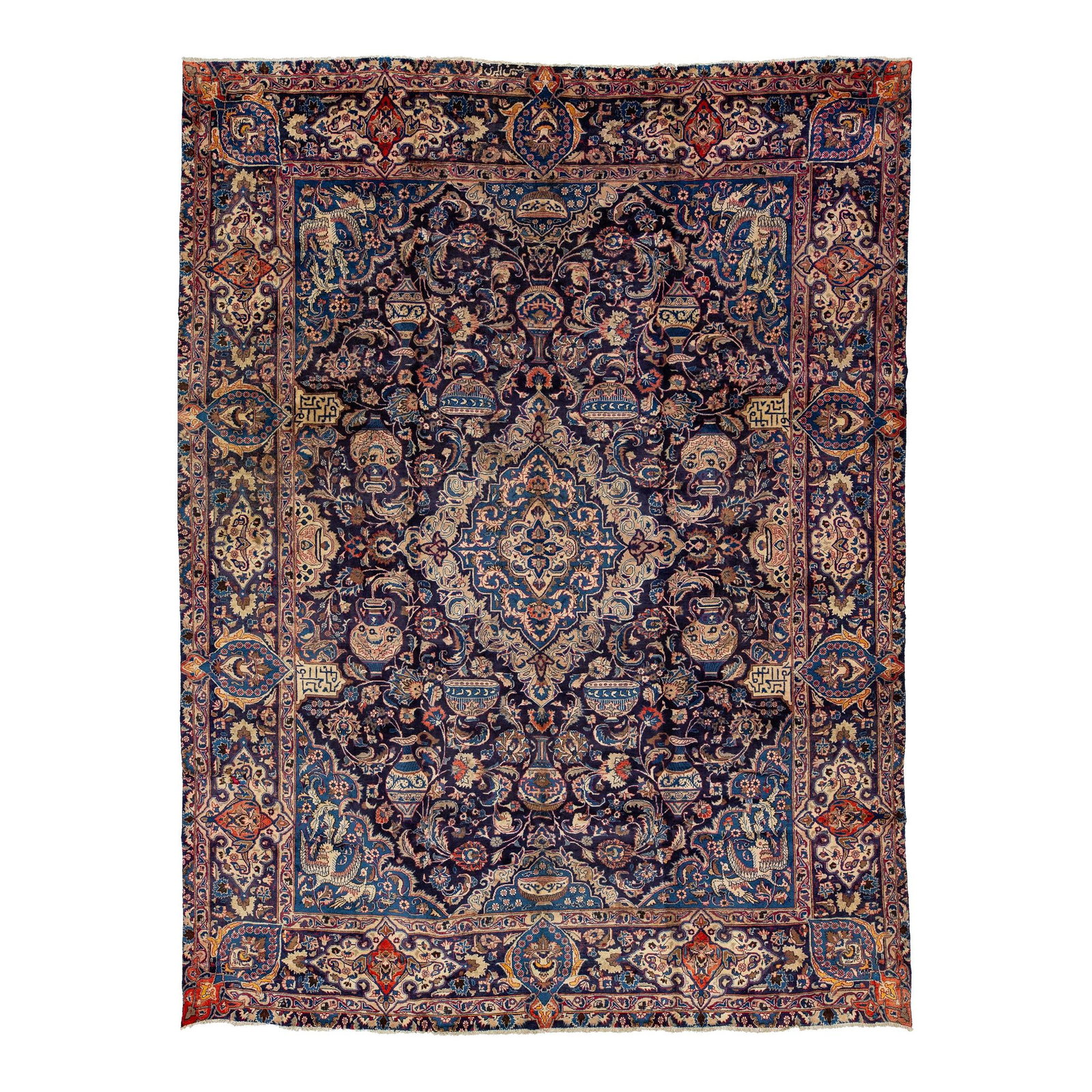 Vintage Kashan Persian Wool Rug Navy Blue 9'8 x 12'9: Vintage Kashan Persian Wool Rug Navy Blue 9'8 x 12'9 Enhance your space with this exquisite vintage Kashan hand-knotted wool rug, featuring a striking navy blue field adorned with multicolor accents. 