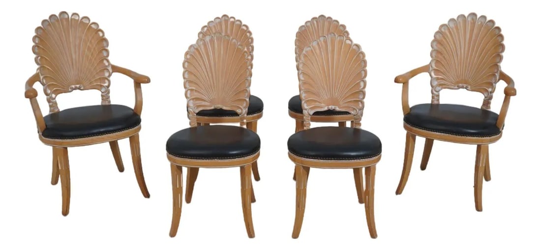 6 Italian grotto shell back dining chairs black faux leather Set of 6: 6 Italian grotto shell back dining chairs black faux leather Set of 6 This set of six Italian Grotto style dining chairs features distinctive shell-shaped backs and elegant white wash wood finishes. T