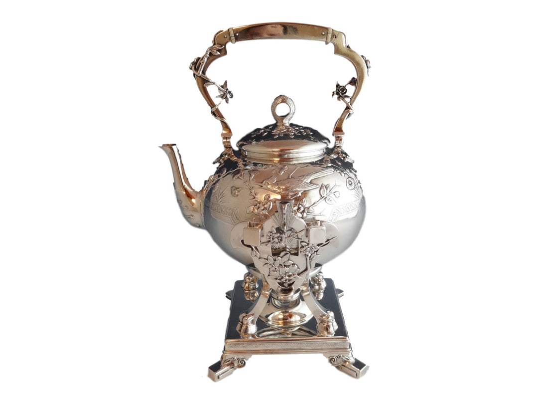 Tiffany & Co Japanese Sterling Silver Kettle with Birds and Foliage: Tiffany & Co Japanese Sterling Silver Kettle with Birds and Foliage Experience the elegance of the Japanese by Tiffany and Co. Sterling Silver Kettle on Stand, a stunning piece crafted during the inno