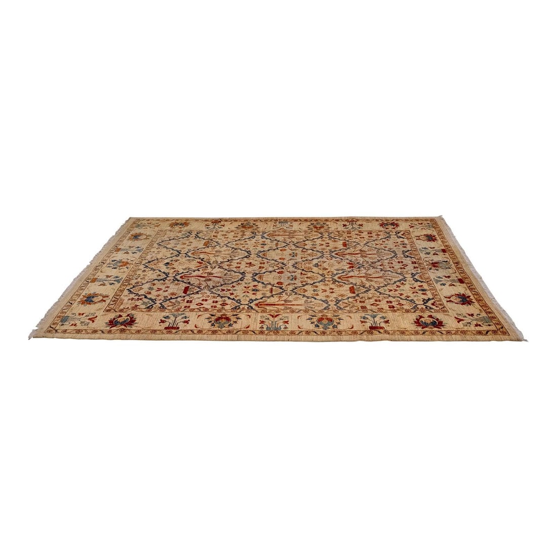 Vintage 8x10 Hand Woven 100% Wool Oriental Rug with Creme Field: Vintage 8x10 Hand Woven 100% Wool Oriental Rug with Creme Field This vintage Oriental rug features an approximate size of 8x10 feet, showcasing a beautiful creme color field adorned with vibrant color
