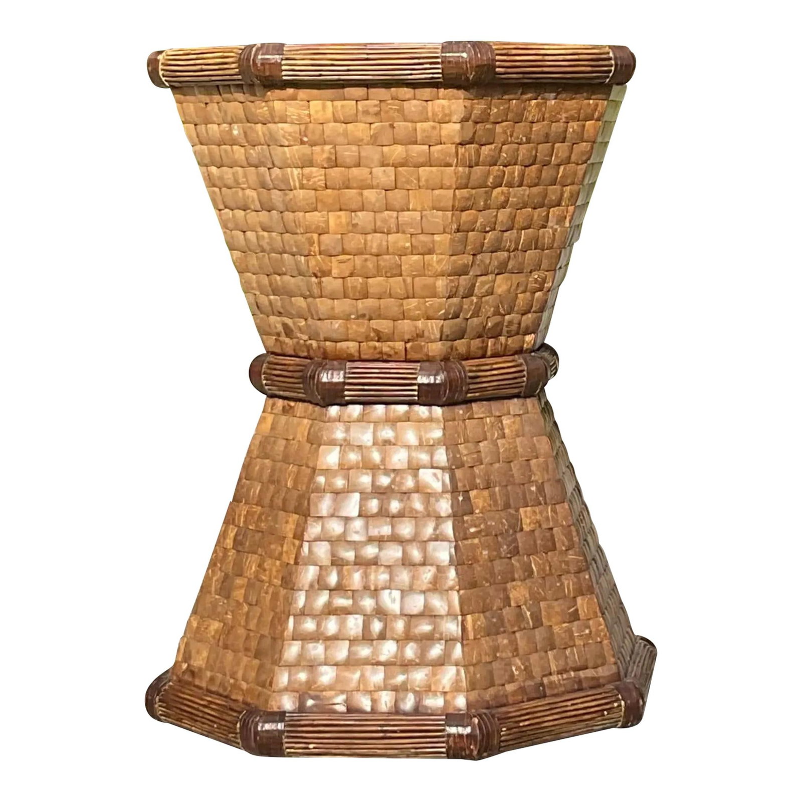 Vintage Boho Style Coconut Shell Table Pedestal 20 x 20 x 29: Vintage Boho Style Coconut Shell Table Pedestal 20 x 20 x 29 Enhance your living space with this vintage Boho Style Tessellated Coconut Shell Table Pedestal. Crafted from tessellated coconut shell, it