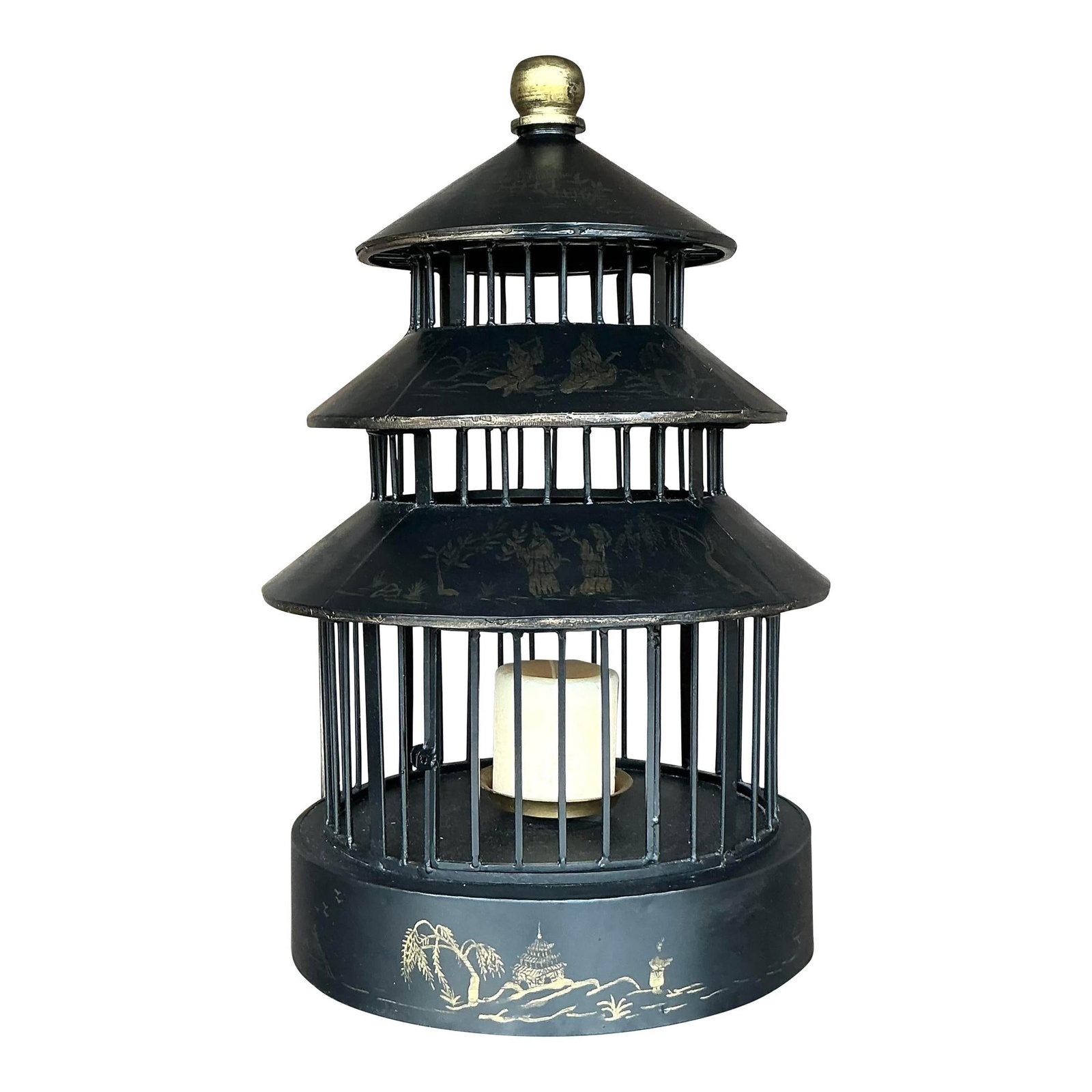 Vintage Asian Chinoiserie Pagoda Lantern Black Metal 20.5" Tall: Vintage Asian Chinoiserie Pagoda Lantern Black Metal 20.5" Tall Enhance your decor with this stunning vintage Asian Chinoiserie pagoda bird cage lantern. Designed in the classic pagoda shape, it showc