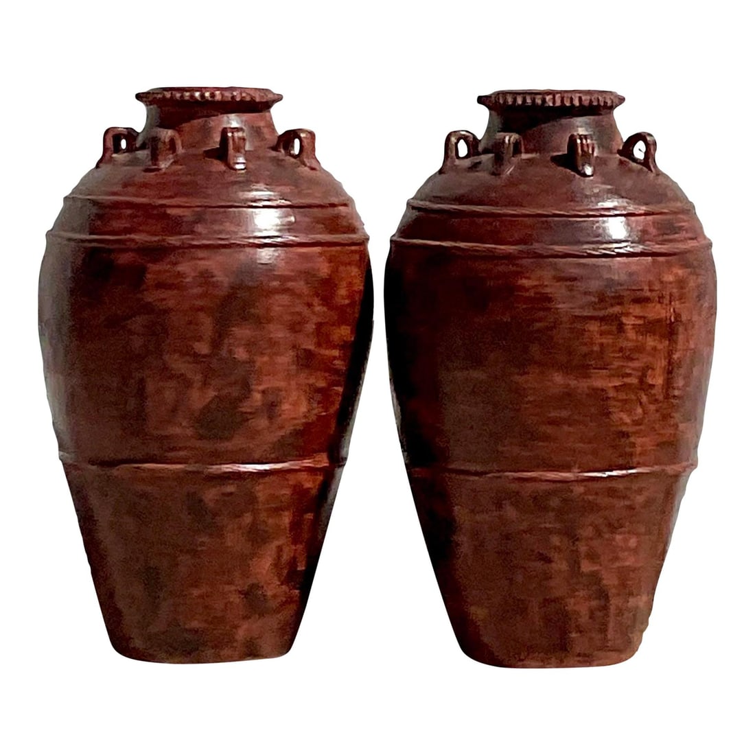 Chic Vintage Boho Terracotta Urn Pair in Cinnamon Finish: Chic Vintage Boho Terracotta Urn Pair in Cinnamon Finish This exquisite pair of vintage Boho urns features a chic hand-painted finish in a warm brownish rust color, perfect for enhancing any indoor or