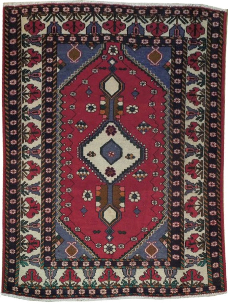Handcrafted 5' x 7' Persian Hamadan Rug Red Wool Artistry: Handcrafted 5' x 7' Persian Hamadan Rug Red Wool Artistry Free continental US Shipping Discover the exquisite craftsmanship of this 5 x 6.8 Persian Hamadan Rug, meticulously handcrafted by skilled Per