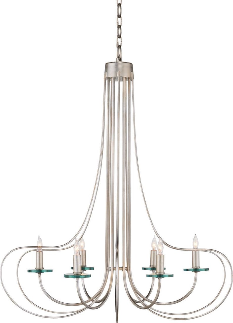 Currey Harrow Silver Leaf Chandelier 34.25H 30.75W 30.75D 6 Bulbs Dimmable: Currey Harrow Silver Leaf Chandelier 34.25H 30.75W 30.75D 6 Bulbs Dimmable Illuminate your space with the sophisticated Silver Leaf Harrow Chandelier, a stunning centerpiece for any contemporary setti