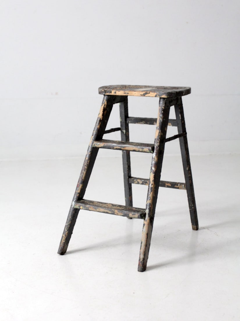 Rustic Two Rung Wooden Step Ladder Dark Blue Gray Paint (1 of 12)