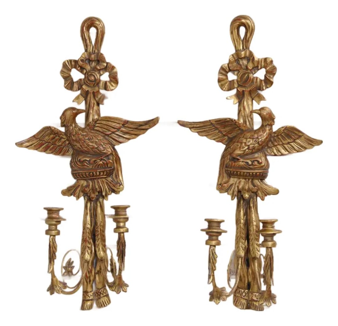 Set of Two Federal Style Eagle Candle Wall Sconces with Gold Finish: Set of Two Federal Style Eagle Candle Wall Sconces with Gold Finish This pair of Federal style candle sconces features a gold finish with red undertones and intricate carved details. Each sconce is de