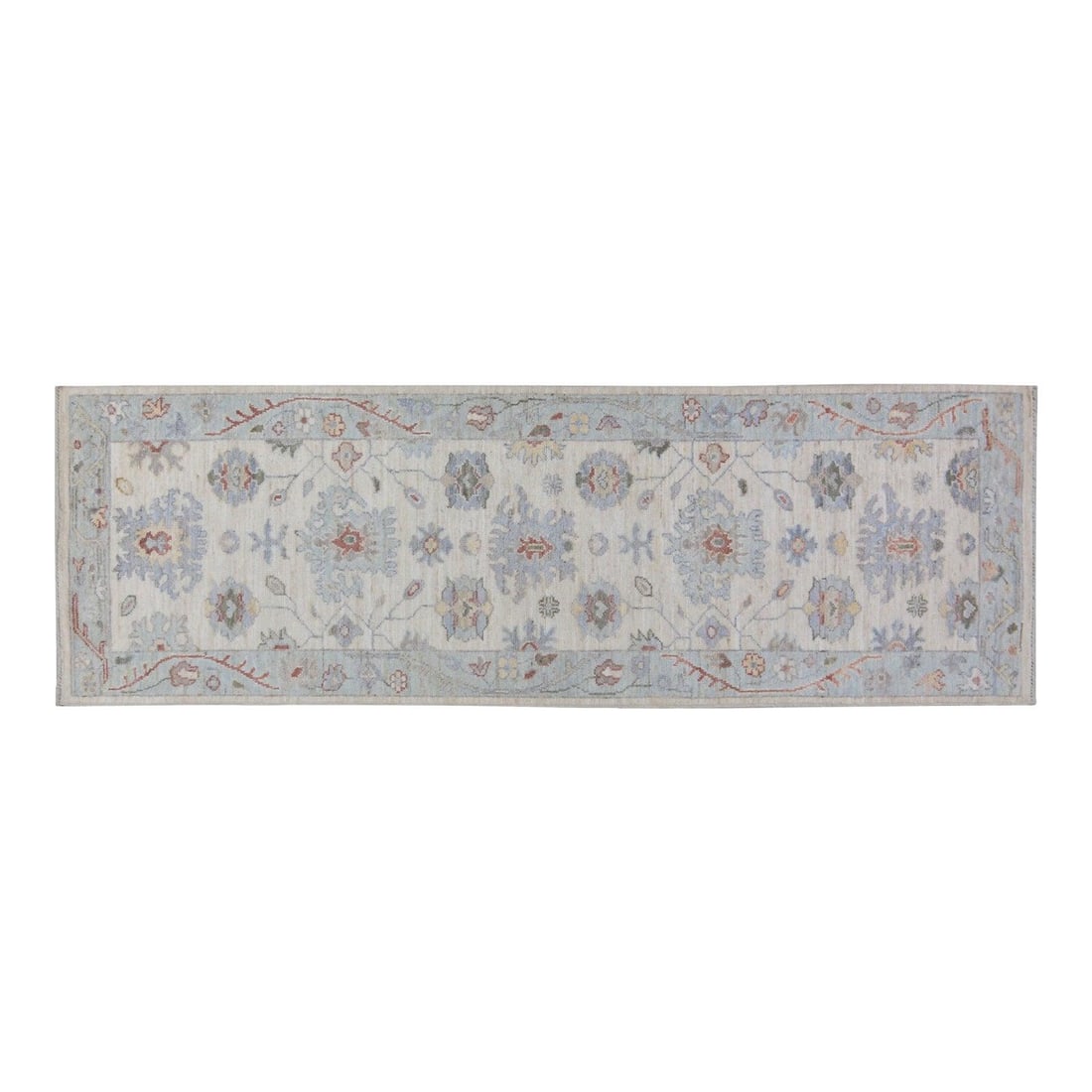 Stone Gray Wool Runner Rug Hand Knotted Oushak 3'2 x 9'10: Stone Gray Wool Runner Rug Hand Knotted Oushak 3'2 x 9'10 This Turkish Oushak hand-knotted wool rug showcases traditional craftsmanship enhanced by a modern design approach. Its soft, durable wool con