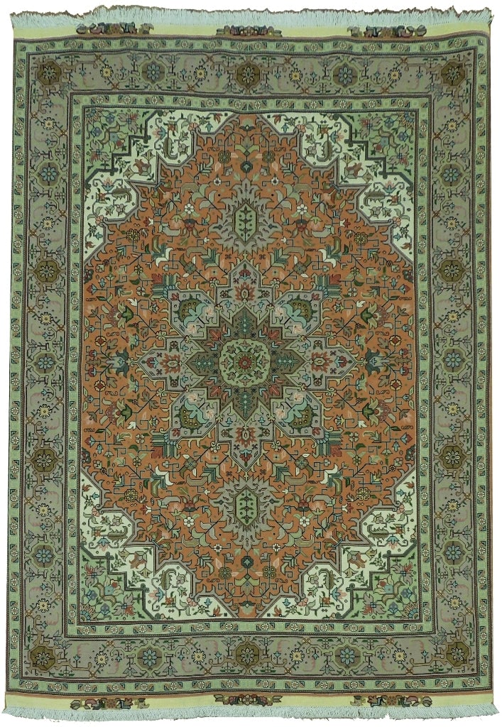 5 x 7 Tabriz Rug Wool and Silk 400 KPSI Geometric Hand Knotted Persian: 5 x 7 Tabriz Rug Wool and Silk 400 KPSI Geometric Hand Knotted Persian Free continental US Shipping This 5 x 7 foot authentic Tabriz rug showcases the precision of Persian craftsmanship, featuring a b