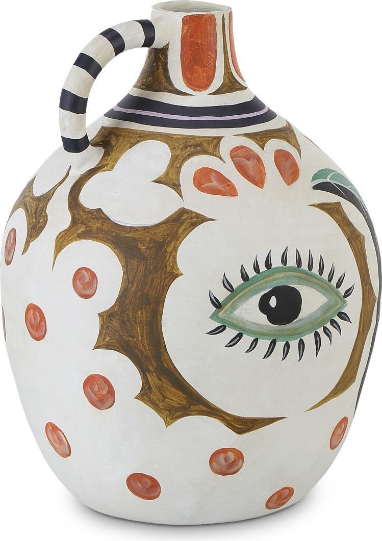 Currey Hamsa Demijohn Vase Multicolor Terracotta 14H Mediterranean Style: Currey Hamsa Demijohn Vase Multicolor Terracotta 14H Mediterranean Style Add a touch of Mediterranean charm to your home with this Picasso-Inspired Hamsa Demijohn Vase. Crafted from terracotta, this s