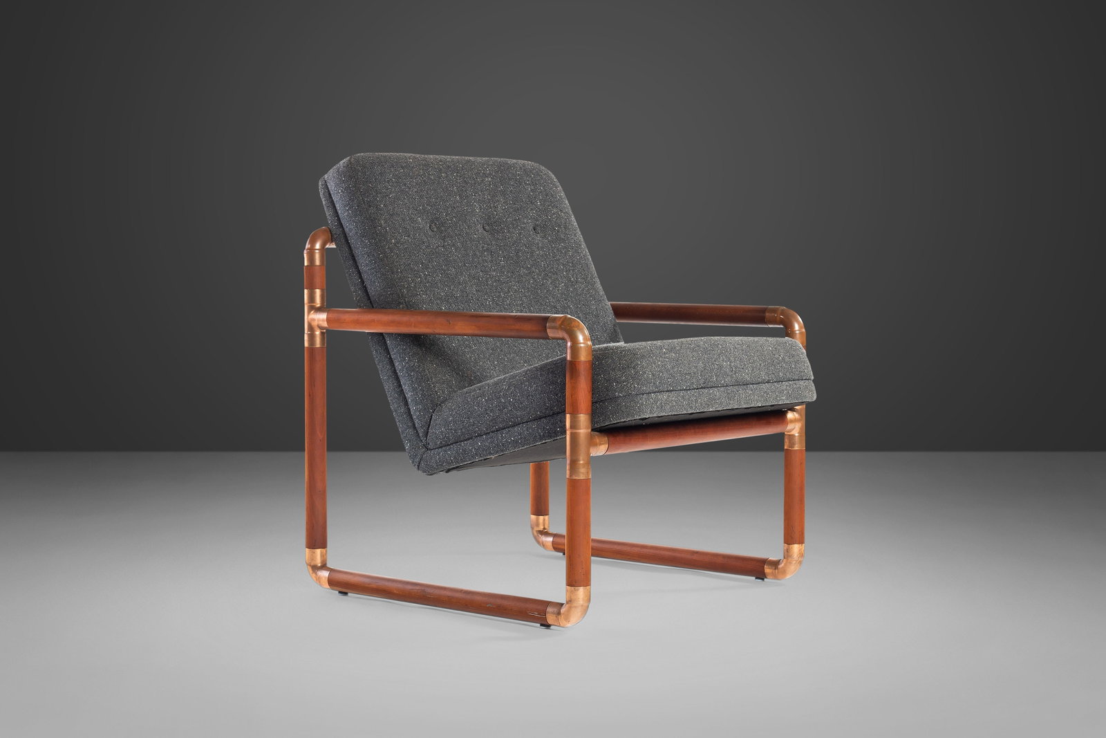 1970s Industrial Brass Walnut Lounge Chair Gray Tweed Upholstery: 1970s Industrial Brass Walnut Lounge Chair Gray Tweed Upholstery Discover the exceptional craftsmanship of this Unique Industrial Brass and Walnut Lounge Chair, featuring luxurious Gray Tweed Upholste