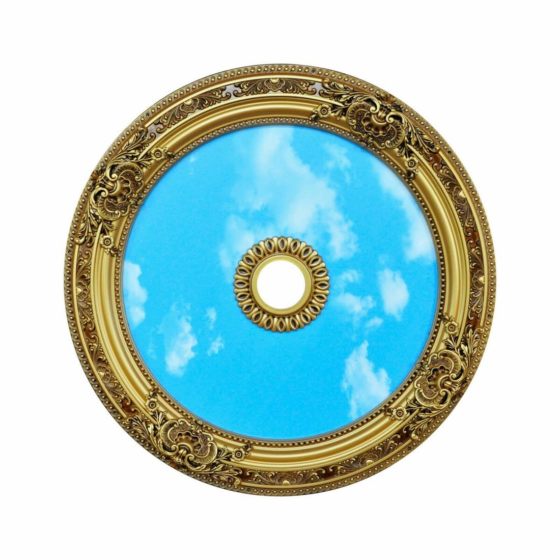 Artistry 36 Inch Round Ceiling Medallion Antique Gold Fiber Glass Resin: Artistry 36 Inch Round Ceiling Medallion Antique Gold Fiber Glass Resin This 36-inch round ceiling medallion features a decorative blue sky and gold painted finish, designed to add elegance and sophis