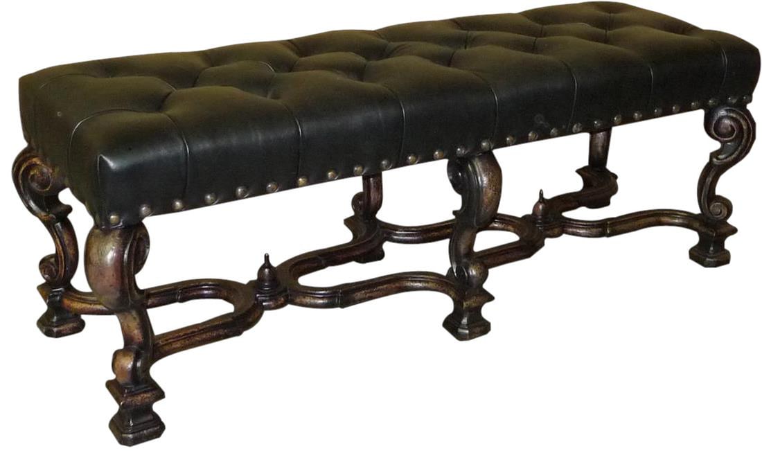 Barcelona Black Leather Bed Bench Backless Design: Barcelona Black Leather Bed Bench Backless Design Elevate your bedroom decor with this Luxurious Black Leather Bed Bench, designed in an elegant antique style. This backless bench features a scroll st
