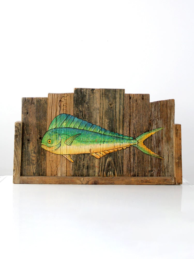 Vintage Hand-Painted Folk Art Coastal Sign with Mahi and Tuna (1 of 10)