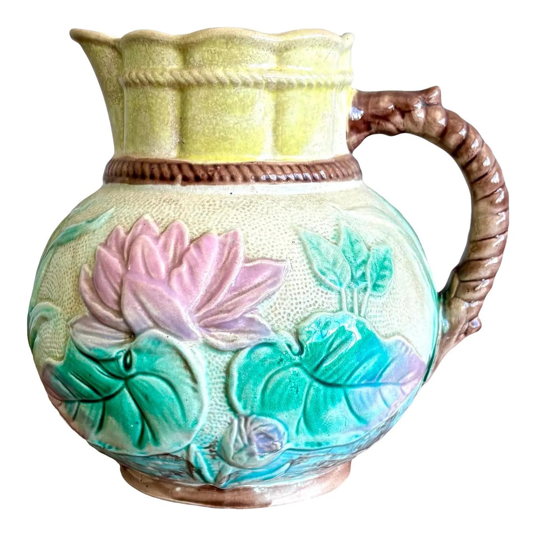 Charming Vintage Floral Ceramic Pitcher with Rustic Handle (1 of 6)