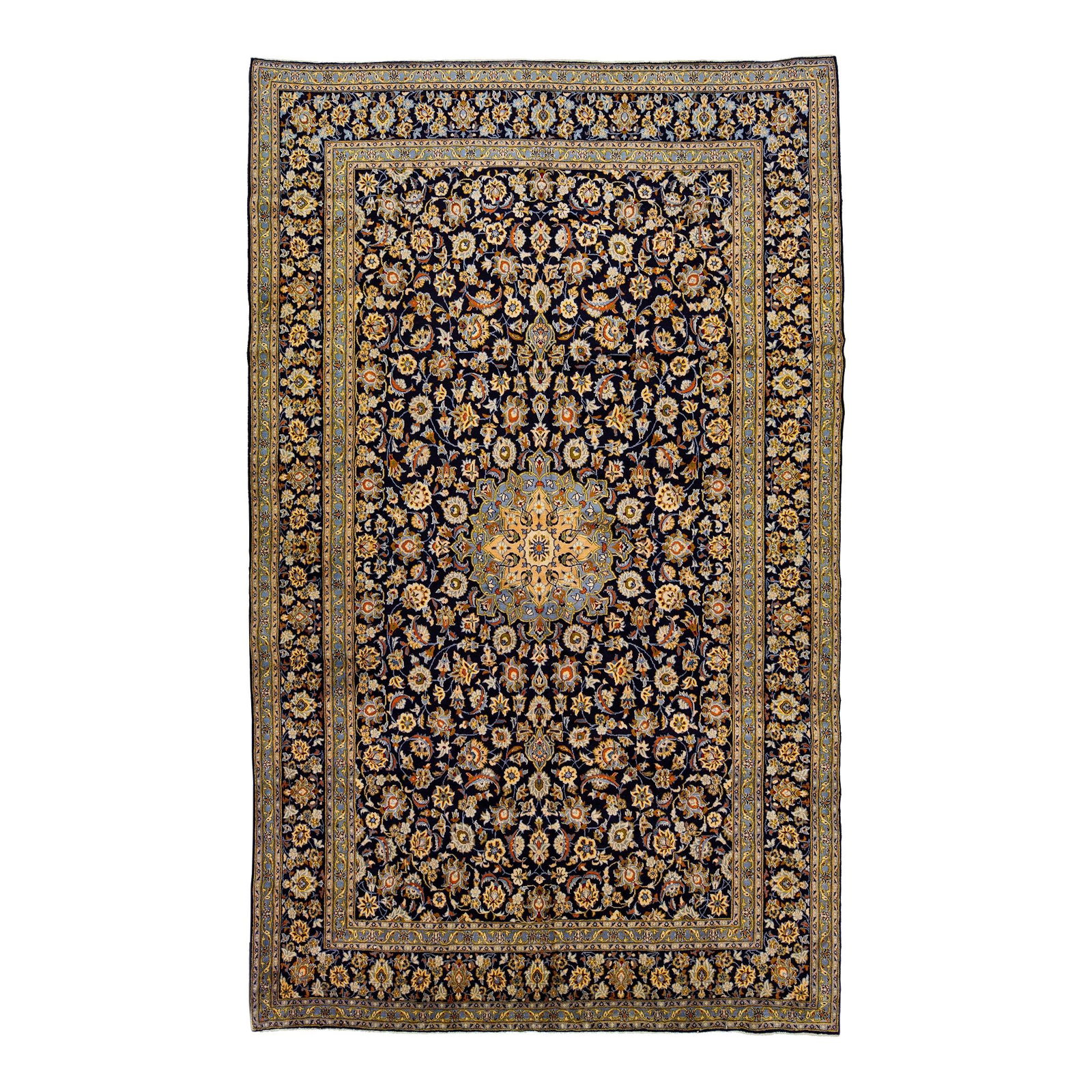 Vintage Persian Kashan 10'2 x 16'6 Rust Floral Wool Rug: Vintage Persian Kashan 10'2 x 16'6 Rust Floral Wool Rug Experience the elegance of this 1960s Vintage Persian Kashan handmade wool rug. Featuring a stunning rust color field complemented by a navy blu