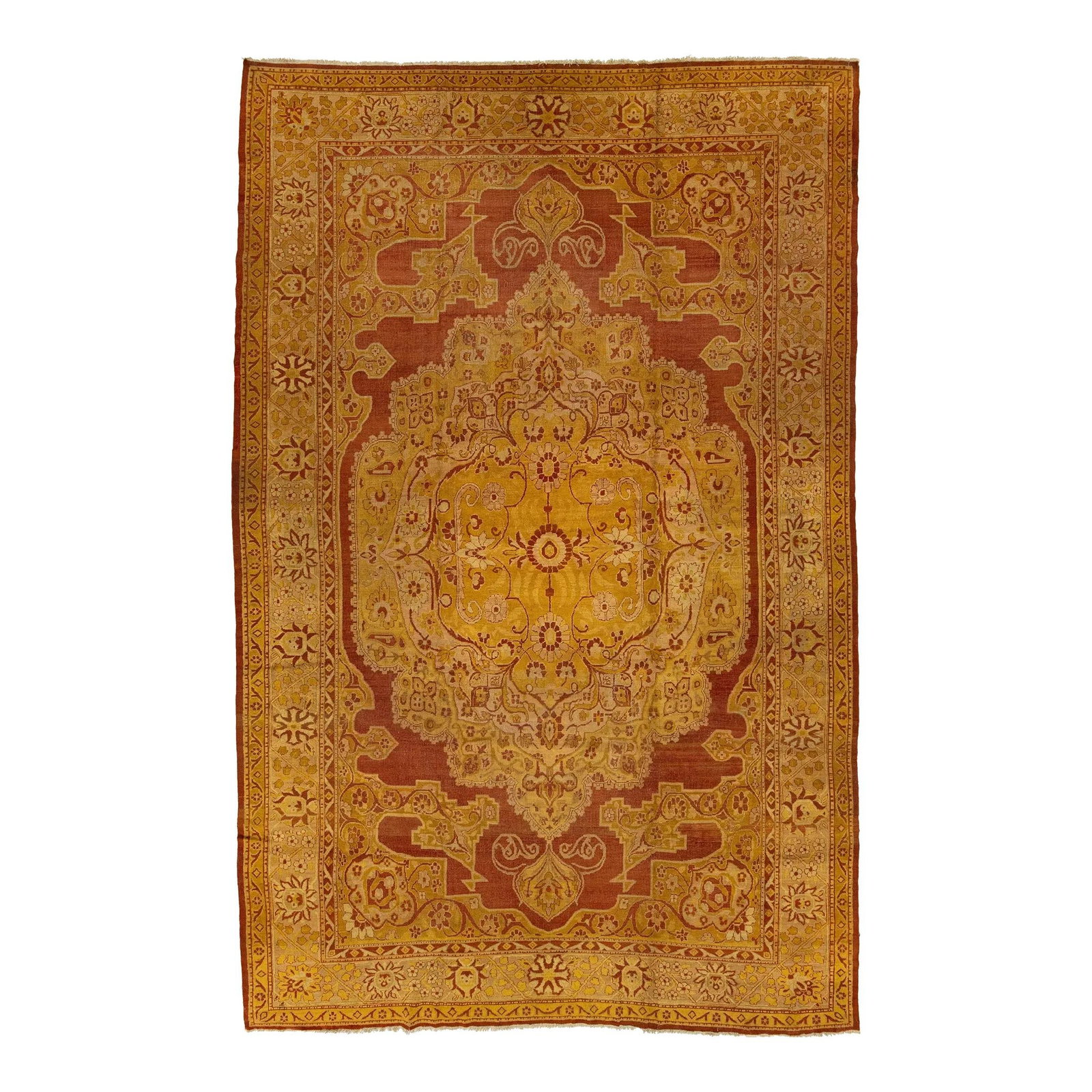 Handmade Antique Amritsar Wool Rug Goldenrod Medallion 11'1 x 17'3: Handmade Antique Amritsar Wool Rug Goldenrod Medallion 11'1 x 17'3 This exquisite hand-knotted Amritsar wool rug features a stunning goldenrod background, beautifully complemented by intricate rust an